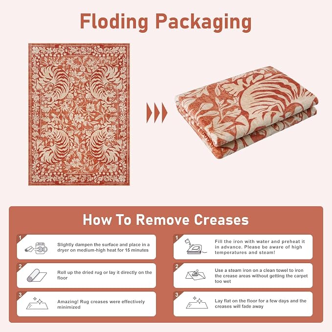 LIVEBOX Washable Tiger Rug 8x10, Non-Slip Terracotta Rug for Living Room, Vintage Jungle Animal Floor Carpet Cool Terracotta Retro Area Rugs for Bedroom Dining Room Nursery Office Dorm