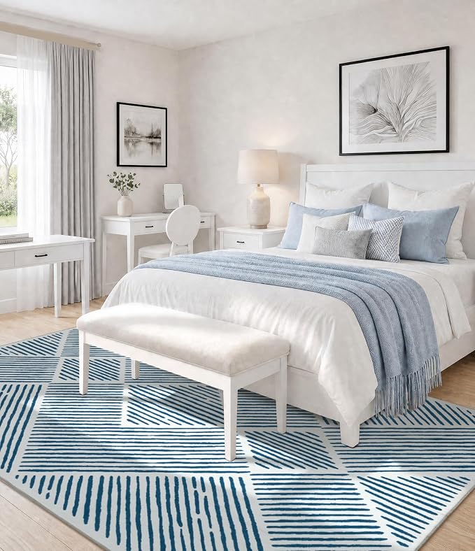 8‘x10' Washable Blue and White Rug, Modern Area Rug for Living Room | Non-Slip, Low Pile, Stain Resistant, Navy Blue Geometric Stripe Large Rug for Bedroom Dining Room
