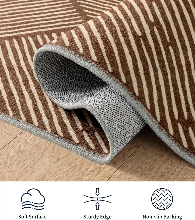 8‘x10' Washable Brown Stripe Modern Area Rug for Living Room | Soft, Non-Slip, Low Pile, Large Earth Tone Geometric Rug for Bedroom Dining Room