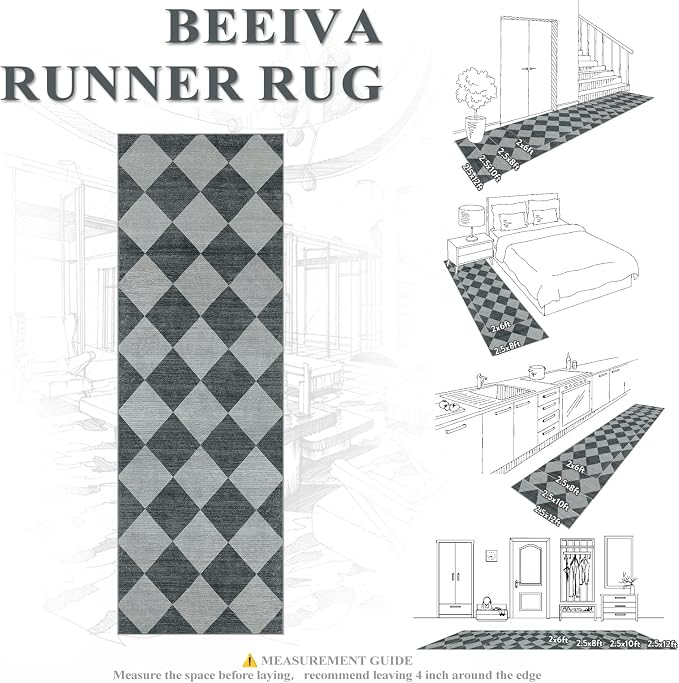 Beeiva Checkered Kitchen Runner Rug 2.5x10, Ultra Thin Washable Runners for Hallways Non Slip, Moroccan Trellis Print Non Shedding Kitchen Runner Rugs, Stain Resistant Blue/Grey Hallway Home Decor