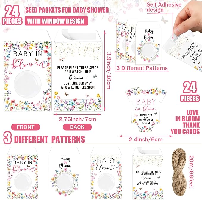 Reallnaive Baby Shower Party Favors Baby in Bloom Envelopes Seed Packets Include Mini Terracotta Pots Seed Packets Self Adhesive Envelopes Thank You Tags Gift for Party(24 Pcs, Wildflower Clothes)