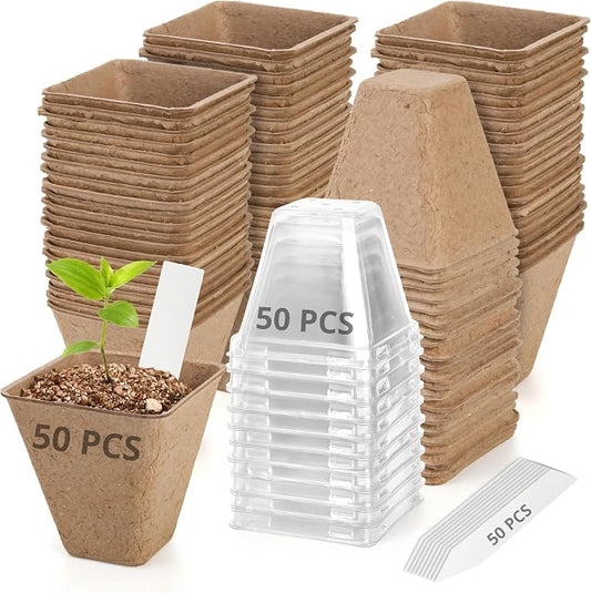 50-Set Seed Starter Kit (150 PCS Total), 3" Square Biodegradable Peat Pots with 50 Humidity Domes & 50 Labels, Nursery Pots for Fall Garden & Indoor Herb Seedlings Germination