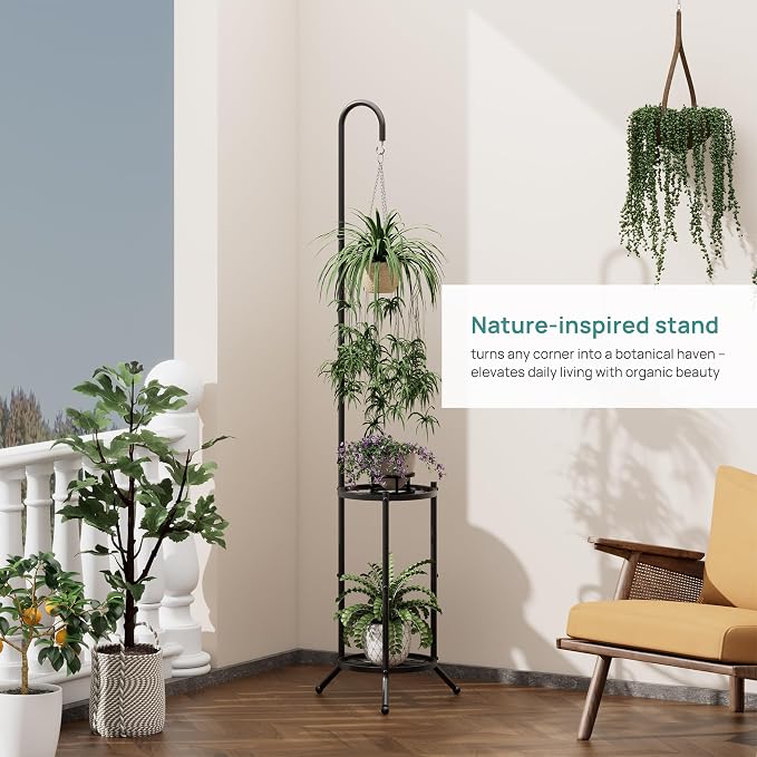 2-Tier Hanging Plant Stand, Heavy Duty Metal Planter Rack - Space Saving Indoor/Outdoor Shelves with 41" Hanging Space - Display Multiple Flower Pots, Tall Iron Plant Organizer for Living Room, Patio & Garden