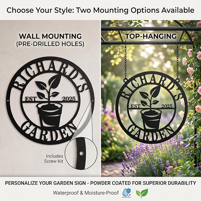 Personalized Garden Signs with Family Name and Established Year, Custom Last Name Metal Plant Pot Wall Decor for Vegetable Garden, Yard, Patio, Greenhouse, Rustic Farmhouse Gift