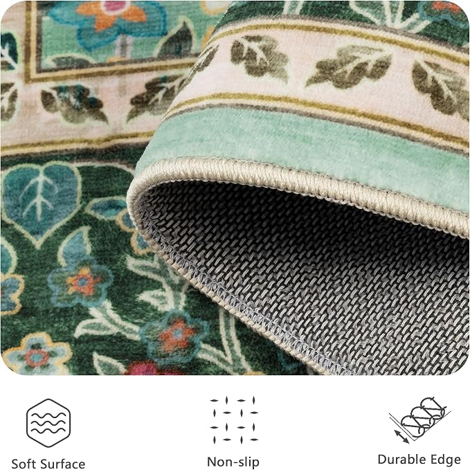 6x9 Area Rugs, Washable Floral Area Rugs for Living Room, Indoor Area Rug for Bedroom, Dining Room, Low Pile Non-Slip Non Shedding Rug(Green Floral)