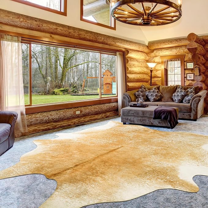 Washable Cowhide Rug for Living Room, Large 6x7 Khaki Faux Cow Print Area Rugs, Non Slip Animal Skin Bedroom Carpet, Rustic Western Home Decor Fake Hide Floor Mat for Office Fireplace