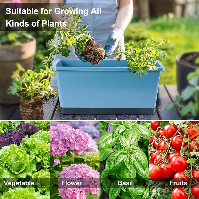Oliz Window Box Planter 6 Pcs, 17 Inches Rectangle Flower Pots with Drainage Holes and Trays, Vegetable Planters for Windowsill Patio Garden Balcony Indoor Outdoor (Blue, 17 * 7.4 * 7.8 inch)