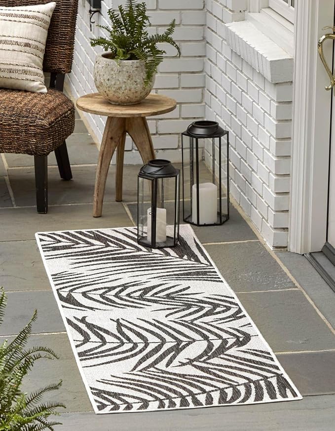 Unique Loom Outdoor Botanical Collection Area Rug - Palm (2' x 6' 1" Runner, Charcoal Ivory/ Gray)