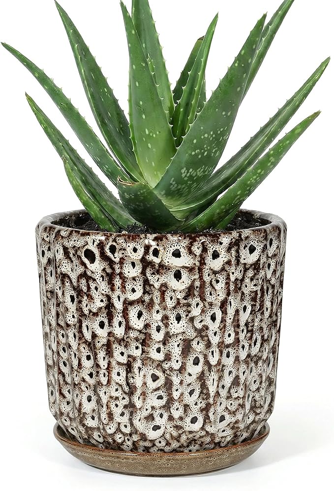 7.5 Inch Ceramic Planter Pot with Saucer Drainage Leak-Proof Mesh,Flower Pots for Indoor Plants with Gardening Gloves,Ceramic Planter(Spotted-White)