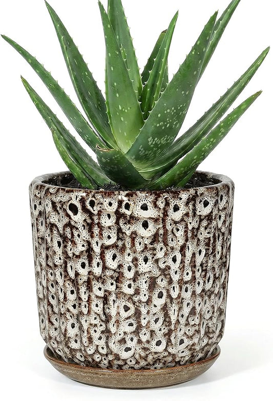 7.5 Inch Ceramic Planter Pot with Saucer Drainage Leak-Proof Mesh,Flower Pots for Indoor Plants with Gardening Gloves,Ceramic Planter(Spotted-White)