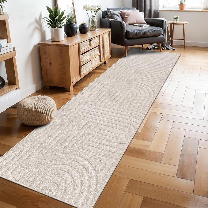 SHACOS Soft Cozy Fluffy Arch Pattern High-Low Pile Runner Rugs 2'x8' Non Slip Washable Scandinavian Minimalist Rug Runner Modern Geometric Carpet for Living Room Bedroom Bathroom Hallway, Beige