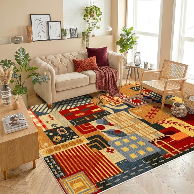 Washable 4x6 Patchwork Area Rug, Boho Tribal Geometric Colorful Rug | Non-Slip Low Pile Indoor Carpet| Vintage Rustic Rug for Dining Room Bedroom Office Entryway Decor| Southwestern Rustic Rug
