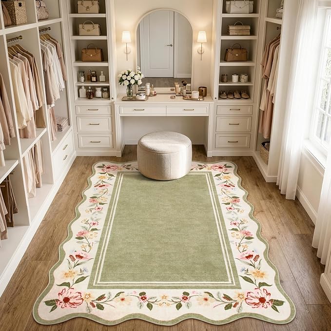 Lahome Floral Scalloped Rug 5x7, Green Rugs for Living Room Ultra-Thin, Vintage Boho Washable Area Rug 5x7 Soft Bedroom Rugs Non-Slip Throw Carpet for Farmhouse Dining Room Playroom Ariele