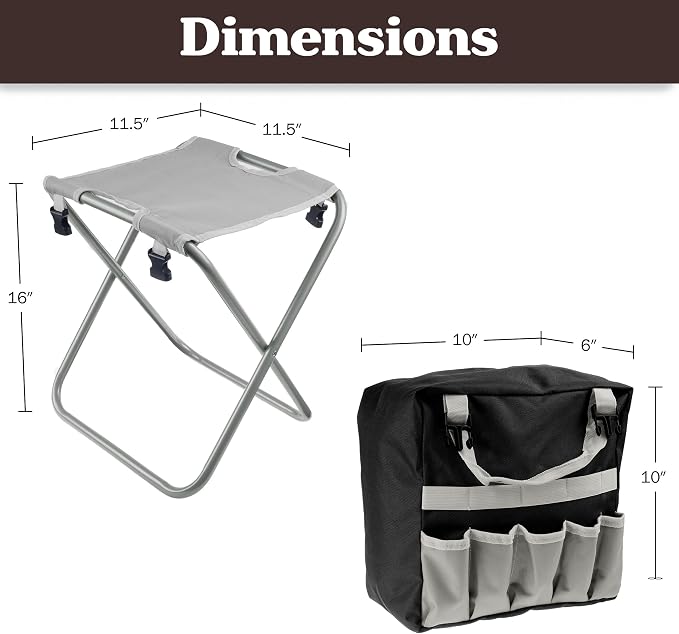 Pure Garden Garden Tools Set - Folding Stool with 250lb Capacity, Detachable 7 Pocket Bag, and 5 Gardening Tools for Weeding and Planting (Gray)