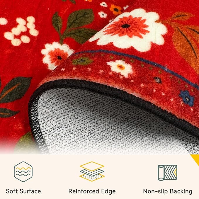 Floral Washable 6x9 Area Rugs Red/Orange | Flower Carpet, Print, Boho, Non-Slip, Easy to Clean, Soft, Low Pile for Living Room Bedroom Kitchen Office Entryway Hallway