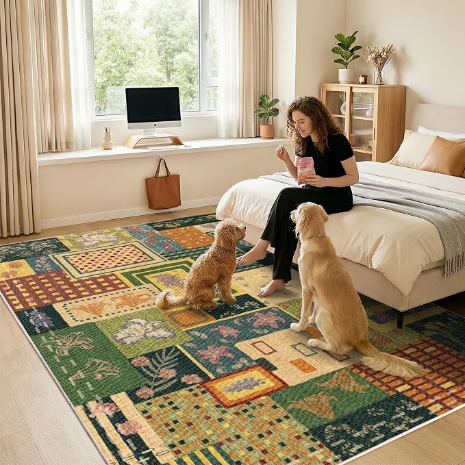 Washable Rugs for Living Room, 4x6 Abstract Multicolor Floral Soft Rug | Upgraded Non Slip Durable Throw Carpet| Indoor Rugs for Bedroom Dining Room Office Home Decor| Southwestern Cottagecore Rug