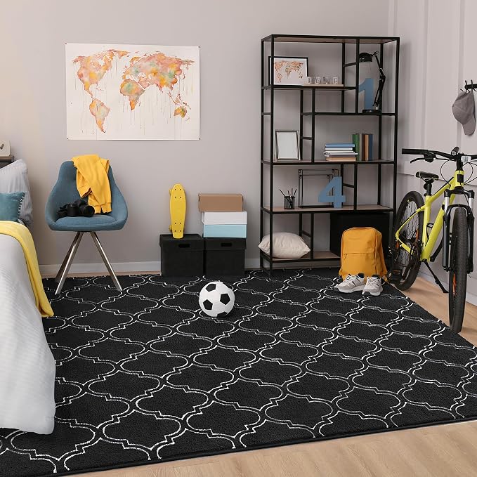 Chicrug 3x5 Shag Geometric Modern Area Rug for Bedroom Entryway | Memory Foam Indoor Carpet, Fluffy Rug for Bedside Room for Family Girls Kids Play Mat, Black and White