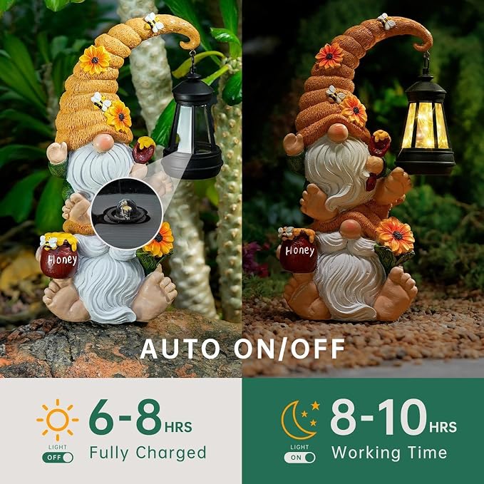 Solar Bee Garden Gnomes with LED Lantern, 12.2-Inch Outdoor Statue | Hand-painted weather-resistant resin decor for patio, lawn, porch and yard; gift for women, moms, grandmas, bee lovers