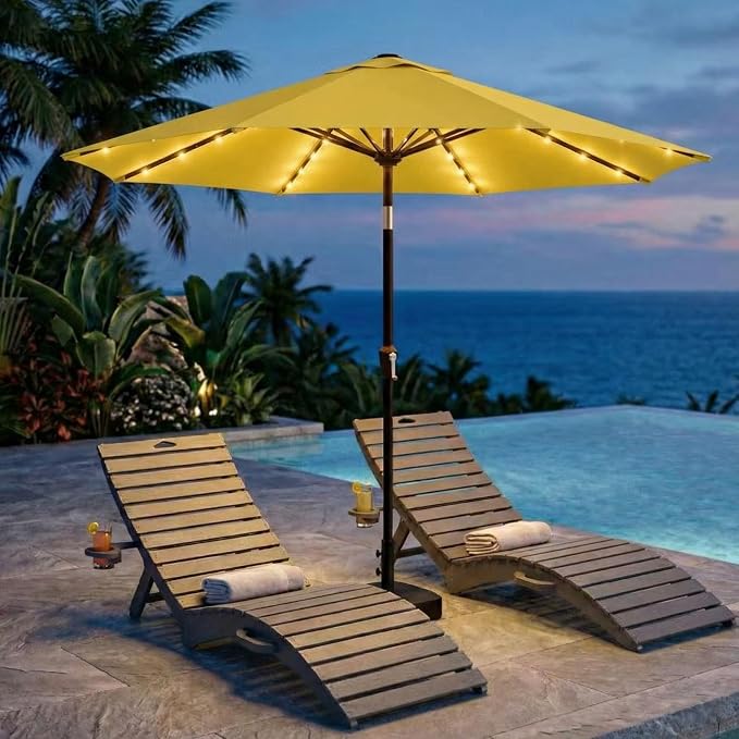 Kingdura 10FT Outdoor Patio Umbrella with Solar Lights, Market Table Umbrella with Push Button Tilt & Crank, 8 Sturdy Ribs, 32 LED Lights, UV Protection for Garden Lawn Deck Backyard Pool (Yellow)