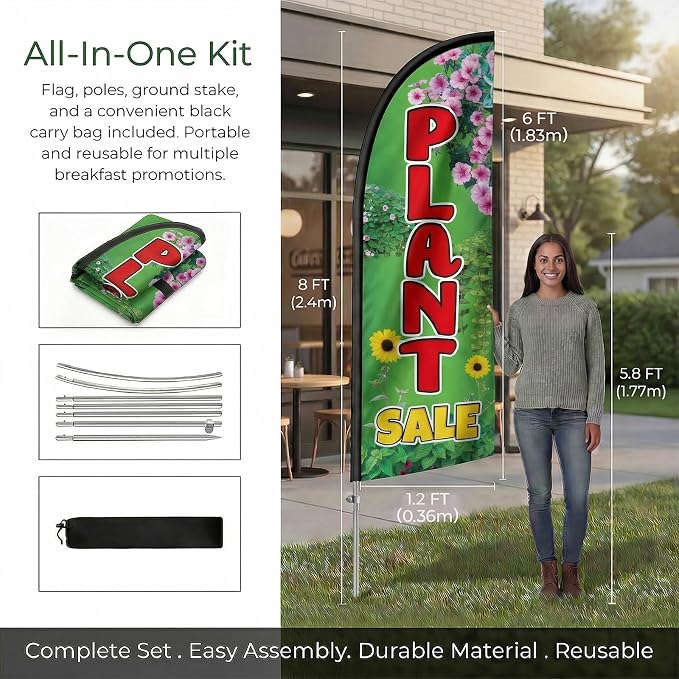8FT Plant Sale Feather Flag with Pole & Ground Spike, Outdoor Garden Advertising Banner with Carry Bag, Eye-Catching Storefront Display for Plant Shop