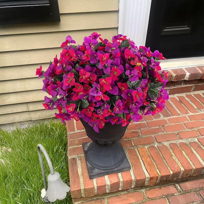 INXUGAO Artificial Flowers Faux Plants for Outdoors Spring Summer Decor, 6 Bundles Fake Bougainvillea Silk Flowers UV Resistant Realistic for Outside Planter Porch Patio Garden Home (Purple Fuchsia)