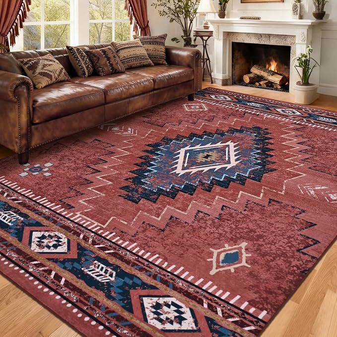 Yinhua Western 8x10 Rugs for Living Room, Aztec Washable Area Rug Low-Pile | Soft Rust Large Area Rug Non-Slip with Rubber Backing, Fall Non-Shedding Carpet for Office Nursery