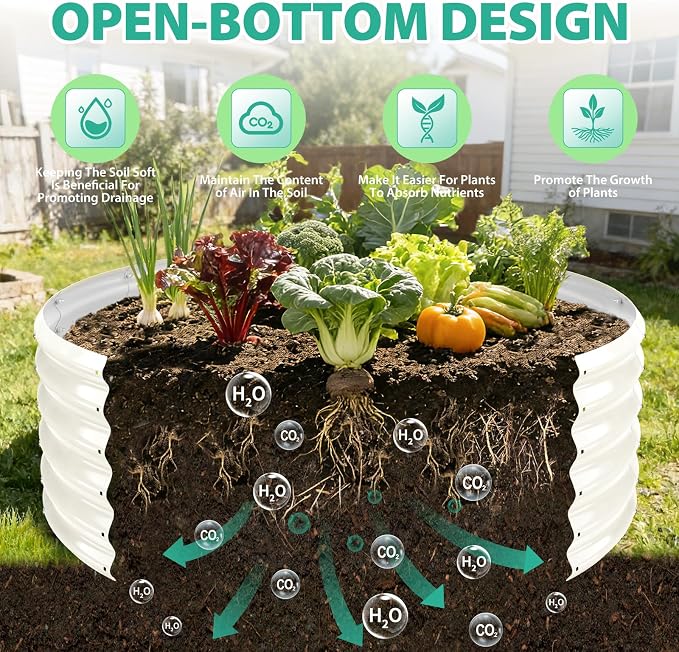 YSEJOMP 17" Tall Round Outdoor Garden Raised Garden Bed Kits-0.8MM Thick Metal Raised Planter Bed/Ground Planter Box for Variety of Flowers,Herbs,Vegetables,Trees (Cream White, 48 Dia X 16.5inches)