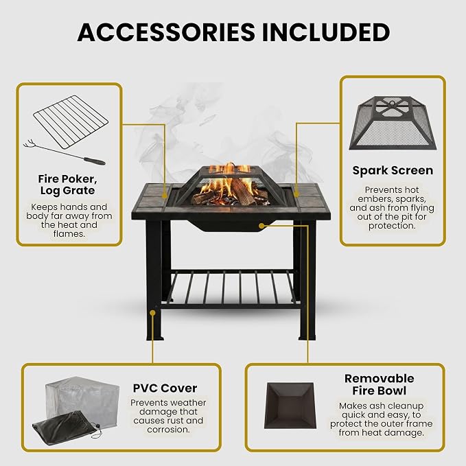 Fire Pit - 30-Inch Outdoor Firepit Table with Screen, Cover, and Poker - Outdoor Fire Pits for Backyard, Deck, Patio, or Porch by Pure Garden (Black)