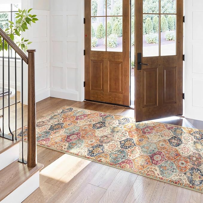Lahome Moroccan Hallway Runner Rug, 2'5''x8' Ultra-Thin Washable Runners for Hallways Kitchen, Oriental Laundry Room Rug Non-Slip Carpet for Entryway Bedroom Bathroom Elise, Cream/Multi