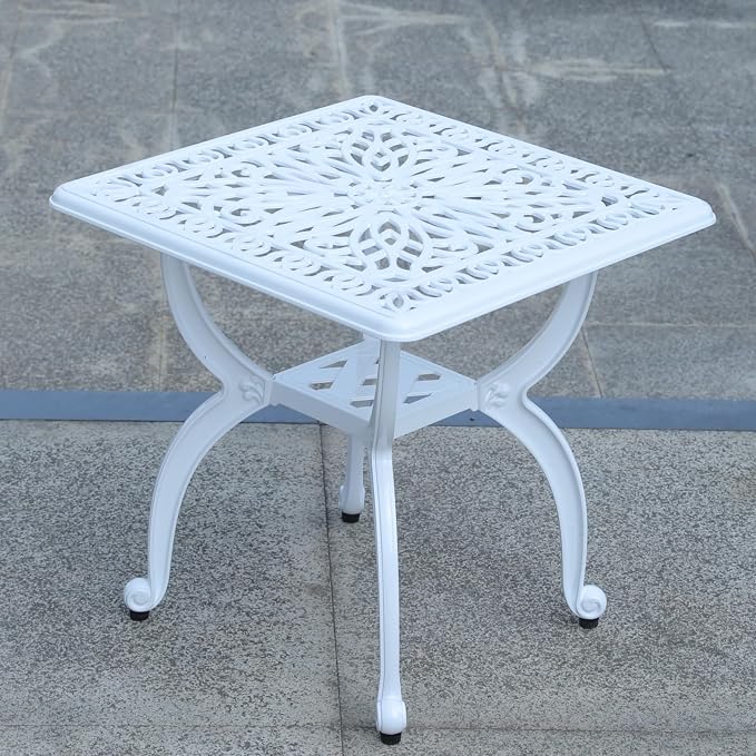 KAILI Outdoor Cast Aluminum Side Table Patio Side Table Backyard, Pool, Indoor, Easy Maintenance and Weather Resistant Coffee Table Porch Table Bistro Table (18.5square-White)