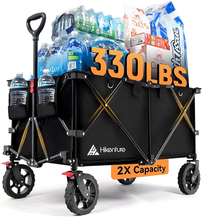 Hikenture Wagons Carts Foldable 330LBS, Heavy Duty Collapsible Wagon | Utility Wagon for Grocery, Garden, Camping & Sports Gear; One-Hand Fold; 360-Degree Wheels; Built-In Wheel Brake