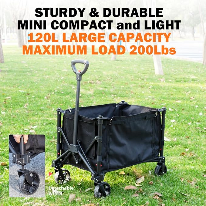 novelinks Foldable Utility Cart, Heavy Duty Collapsible Garden/Beach Wagon Supporting 440lbs, Outdoor Grocery Wagon with Brakes and Pocket, Sports Camping Shopping (Large 120L)