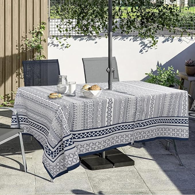 Outdoor Tablecloth with Umbrella Hole and Zipper, Rectangle Patio Table Covers for Spring/Summer, Machine Washable Outdoor Picnic Table Cloth (Boho, 60" × 102" Rectangular)