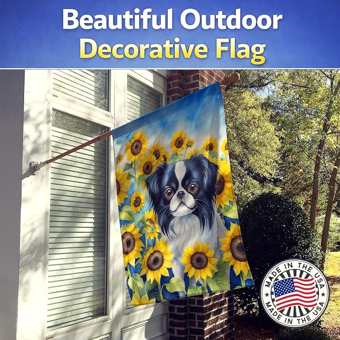 Caroline's Treasures DAC6103CHF Japanese Chin in Sunflowers House Flag Large Porch Sleeve Pole Decorative Outside Yard Banner Artwork Wall Hanging, Polyester, House Size, Multicolor