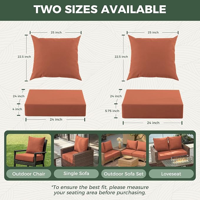 Outdoor Cushions for Patio Furniture, Outdoor Seat Cushion Set 24 x 24 x 5.75 in, Waterproof & Fade Resistant Outdoor Chair Cushions, Patio Chair Cushion with Removable Cover, Set of 2, Spice
