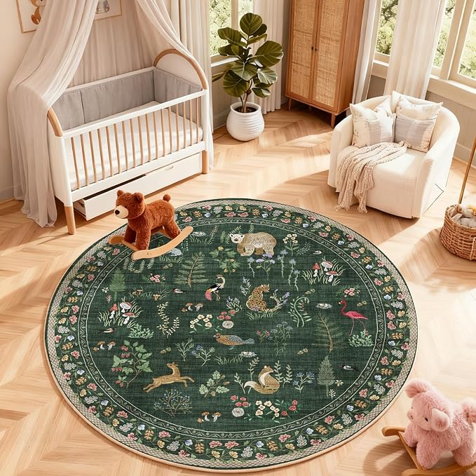 Washable Round Rugs for Bedroom 4ft: Living Room Rug Stain Resistant Non Slip Low Pile Ultra Soft Faux Wool Small Circle Rugs for Kitchen Entryway Nursery Bathroom Entrance Dorm Home Office Indoor