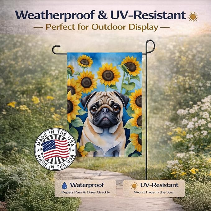 Caroline's Treasures DAC6145GF Pug in Sunflowers Garden Flag Mailbox Flag Decorative Yard Flag Banner Outside Patio Artwork Yard Flower Beds, Garden Size, Multicolor