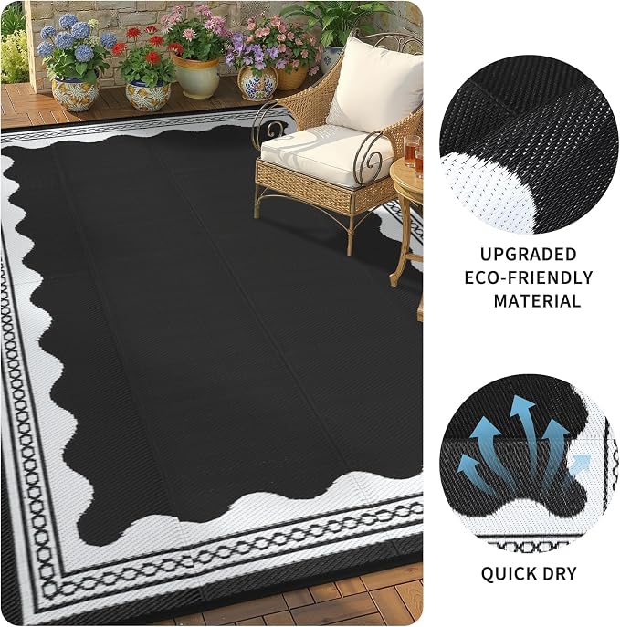 Garvee Outdoor Rug 5x8 Scalloped Waterproof Patio RV Outdoor Rugs Reversible Foldable Plastic Straw Rug Modern Camping Carpet for Deck Camper Porch Balcony Backyard Picnic Beach Black and White
