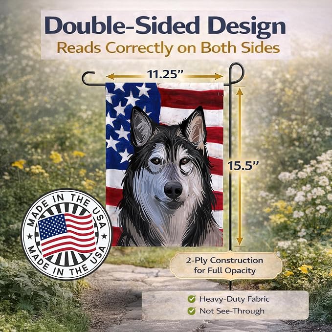 Caroline's Treasures CK6734GF Tamaskan Dog American Flag Garden Flag Mailbox Flag Decorative Yard Flag Banner Outside Patio Artwork Yard Flower Beds, Garden Size, Multicolor