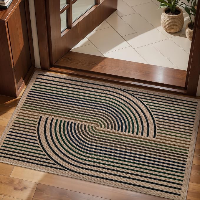 Tangsoo Easy Jute Rug 2x4 Small Throw Rugs for Entryway,Washable Non-Slip Ultra Thin Outdoor Door Mat,Modern Colored Lines Rainbow Indoor Floor Carpet for Entrance Kitchen Hallway Bedroom Front Porch