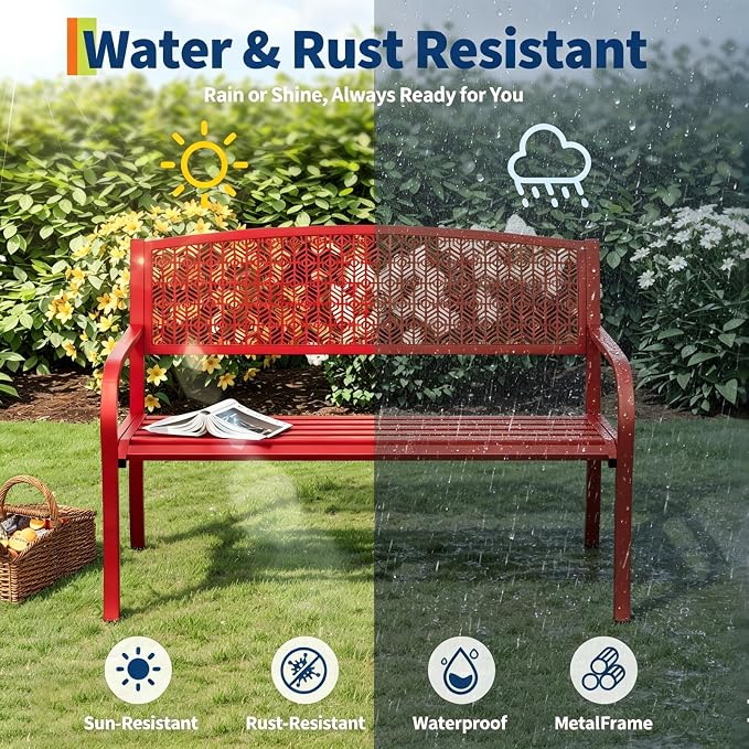 50" Outdoor Metal Garden Bench, Patio Steel Bench with Curved Backrest, Decorative Pattern, Weather-Resistant Porch Bench for Yard, Park, Deck, Backyard