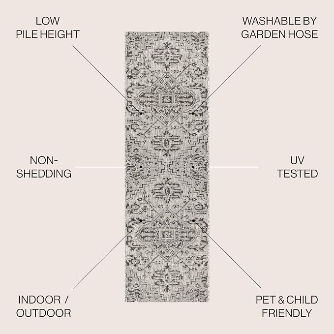 JONATHAN Y Boho Medallion Indoor Outdoor Runner Rug 2X8 Black/Gray, Estrella Textured Weave for Backyard, Patio, Porch, Easy-Cleaning, High Traffic, Pet-Friendly, Non-Shedding (SMB105D-28)