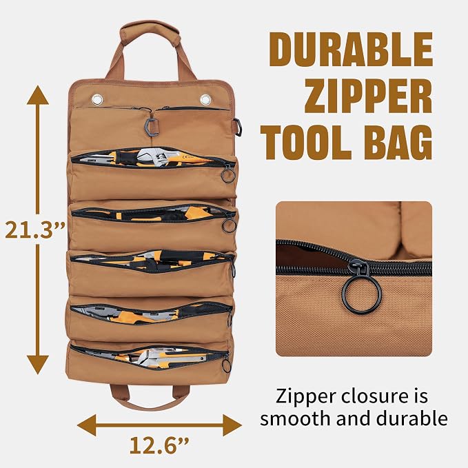 Portable Foldable Roll Up Tool Bag, Heavy Duty Tool Organizer Bag with 5 Compartments & 2 Detachable Pouches for Tools Storage, Waterproof Tool Roll Bag for Dad Men Electrician Gifts