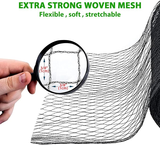 Bird Netting 3/8 Inch Mesh, 40 x 40 FT, HDPE, Rip-Resistant, Black | Tight diamond woven mesh blocks small birds | Allows bees & pollinators through | UV-stabilized | Stakes & ties included