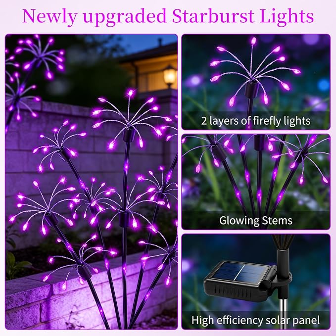 Solar Garden Lights Outdoor, 8 Pack 2-Layer Purple Solar Firework Lights, Waterproof Starburst Fairy Light Garden Decor for Yard Patio Pathway Lawn, Unique Gifts for Women Mom Grandma Mother's Day