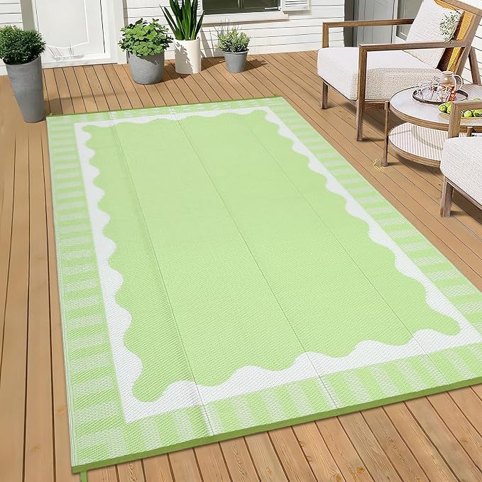 Garvee 9x12 Outdoor Rug, Scalloped Border Waterproof Camping Rugs for Outside Your RV, Modern Foldable Plastic Straw Rug, Reversible UV Resistant Mats for Backyard Deck Porch Camper, Light Green