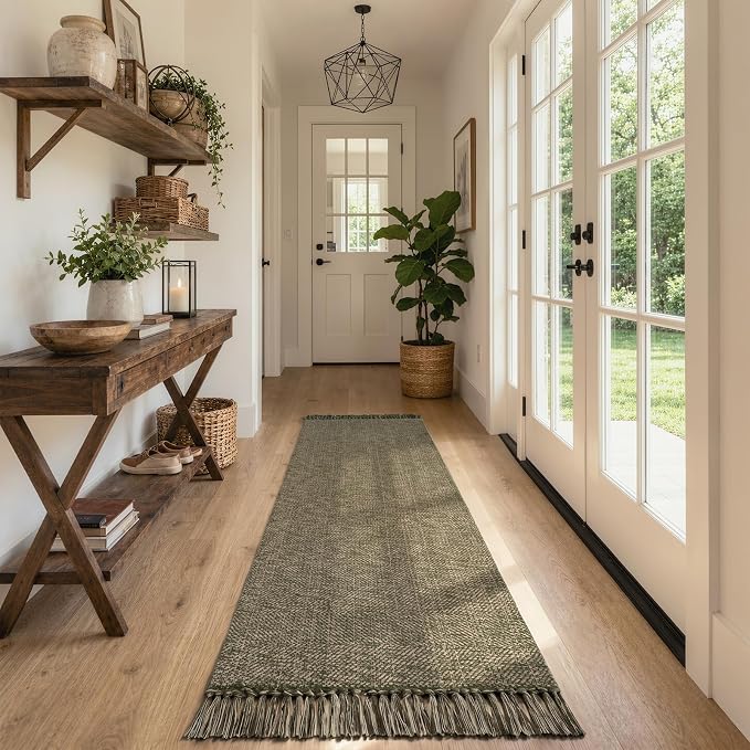 Moss Green Kitchen Runner Rug, Modern Farmhouse Hallway Rugs | Boho Washable Bathroom Rugs, 2.6' x 8' Braided Entry Hall Carpet for Laundry Bedroom Decor