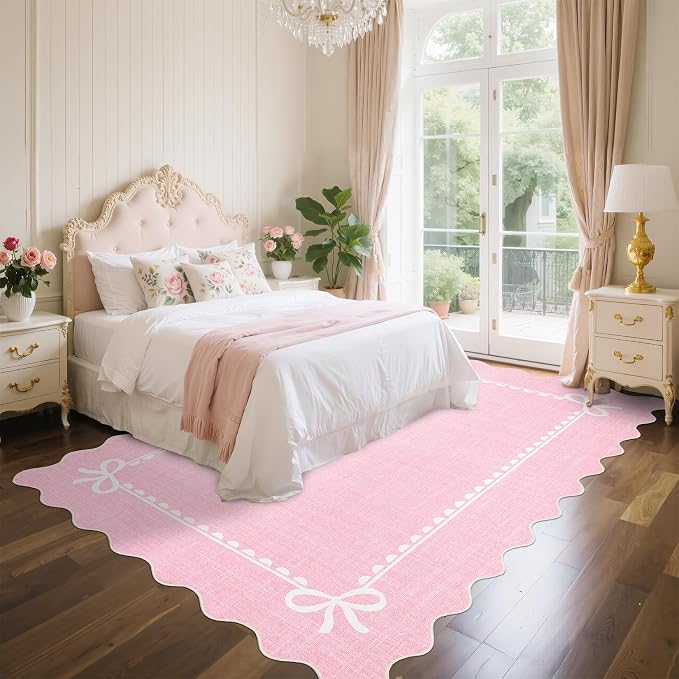 GarveeHome Scalloped Bow Rug 8x10 Washable Pink Rug for Bedroom Living Room | Non Slip Soft Low Pile Indoor Large Carpet for Nursery Girls Bedroom Decor Hallway Kids Room College Dorm Playroom
