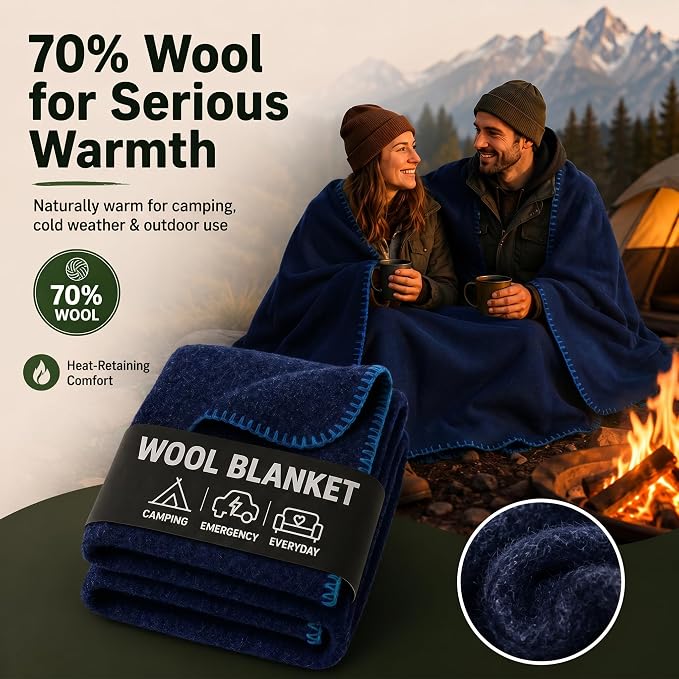 Wool Camping Blanket – 70% Wool Heavy-Duty Military Style Throw, Warm & Washable, Fire Retardant Cover for Emergency, Survival & Outdoor Use – Perfect for Camping, Car, Home & Hiking, Navy 62x84