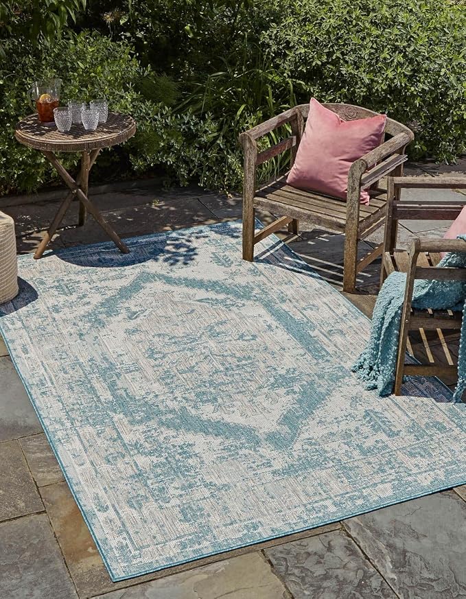Unique Loom Outdoor Traditional Collection Area Rug - Valeria (3' 3" x 5' 3" Rectangle, Aqua/ Ivory)